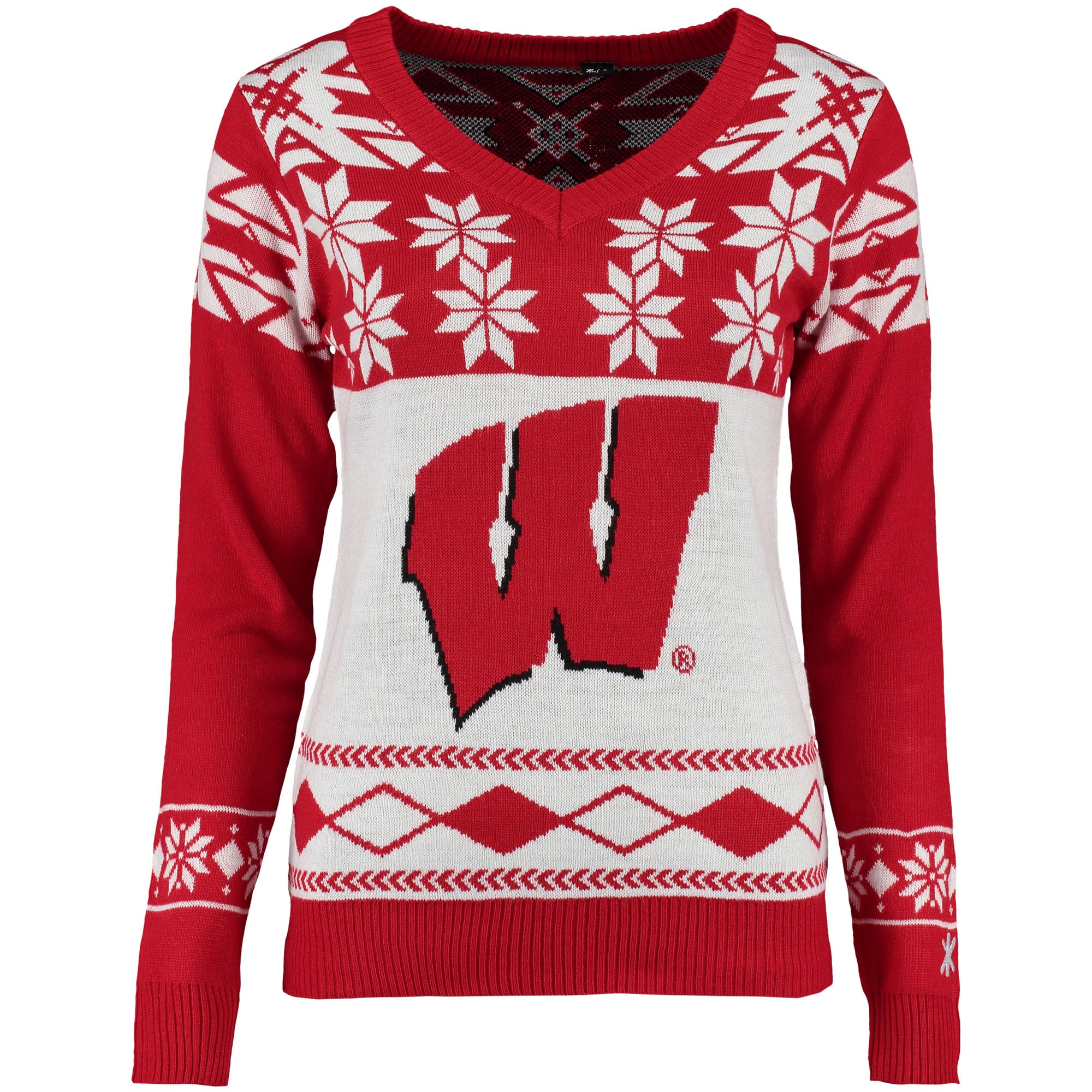 Klew Wisconsin Badgers Women's Red Ugly Christmas V-Neck Sweater