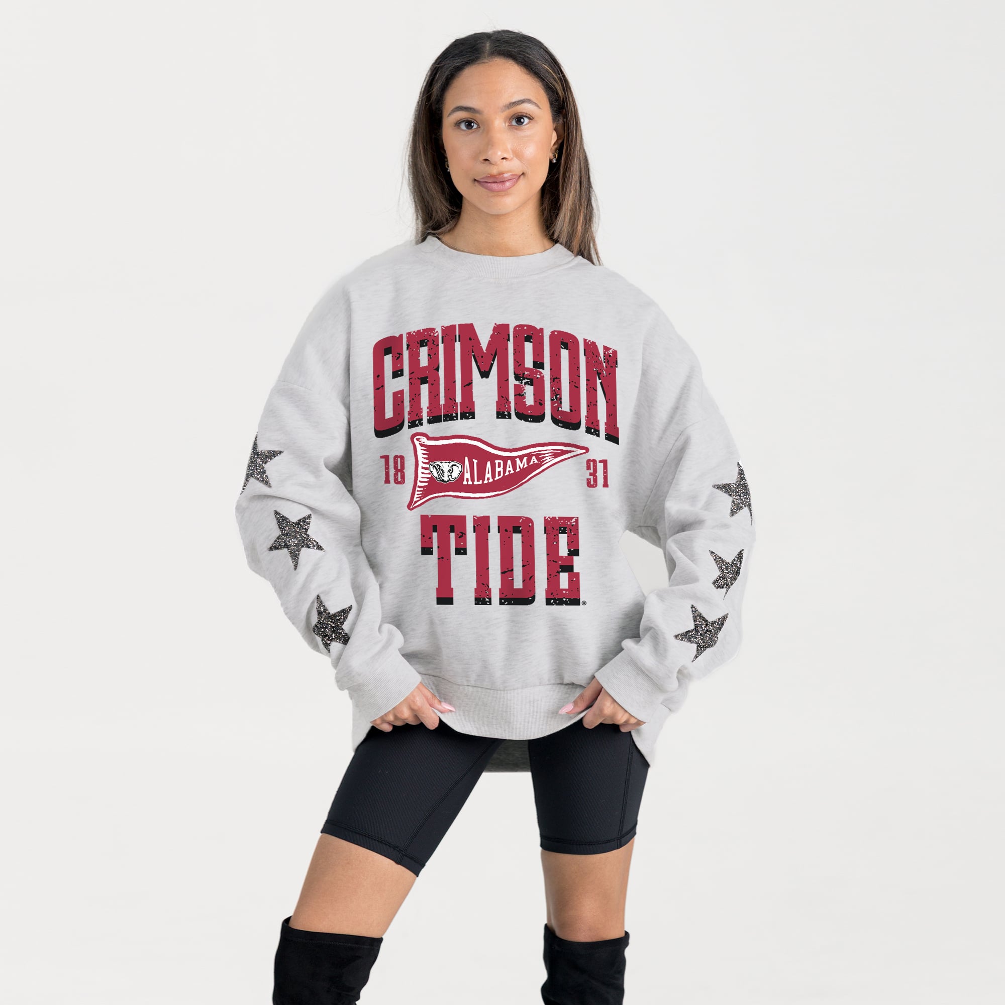Alabama Women's Gameday Couture Oversized Pennant Pride Rhinestone Star Sleeve Sweatshirt - Ash
