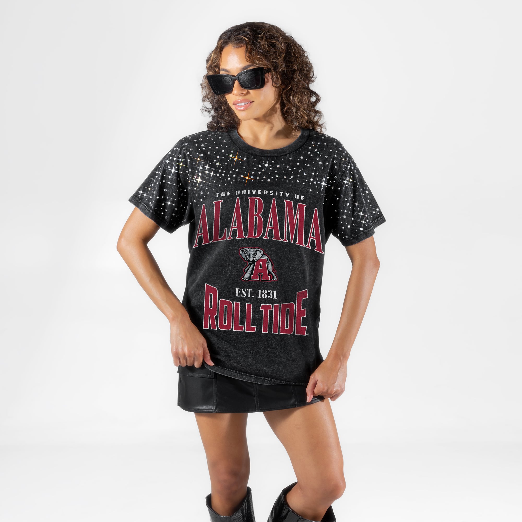 Alabama Women's Gameday Couture In the Zone Washed Micro Rhinestone T-Shirt - Black