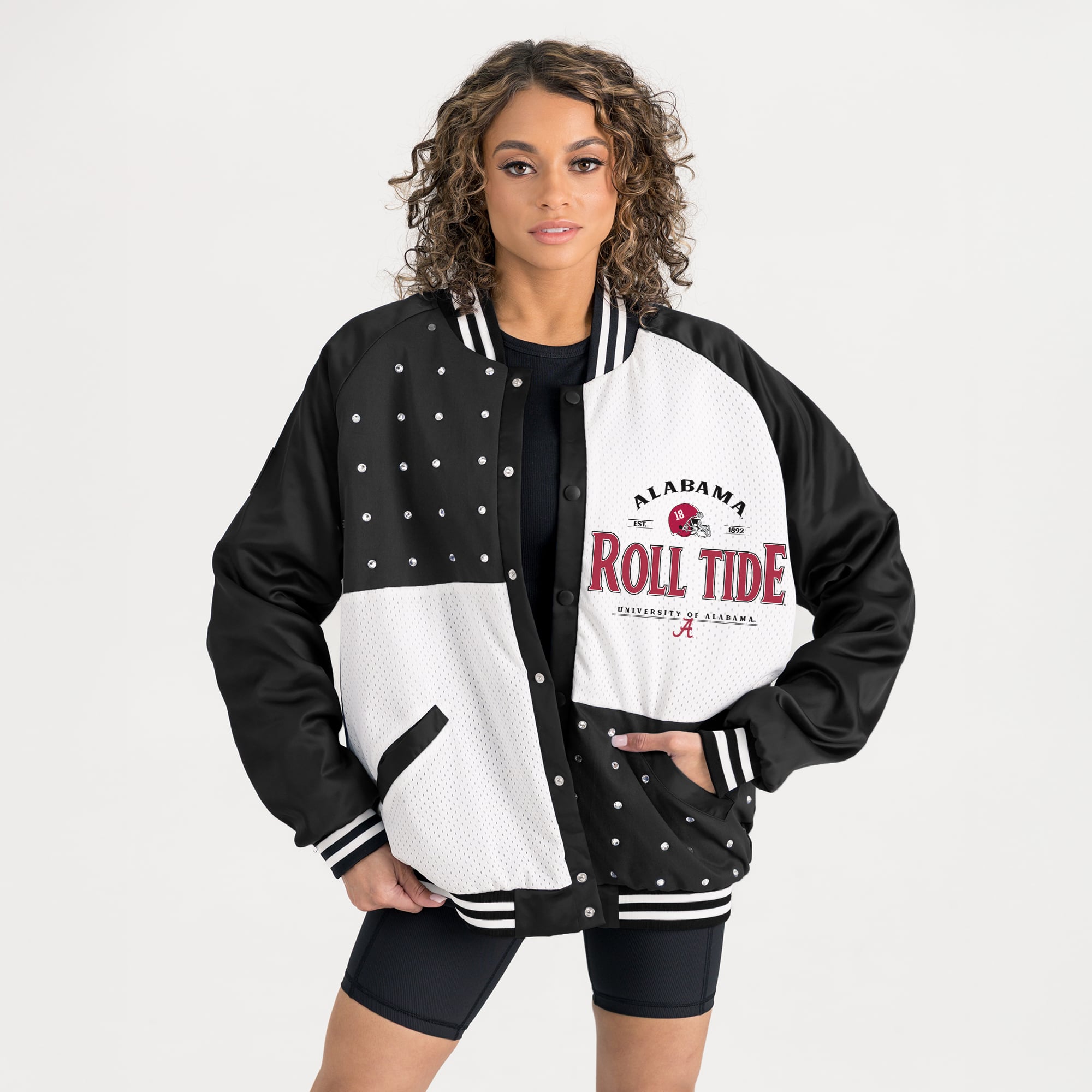 Alabama Women's Gameday Couture Oversized Inner Drive Varsity Rhinestone Full-Snap Bomber Jacket - Black