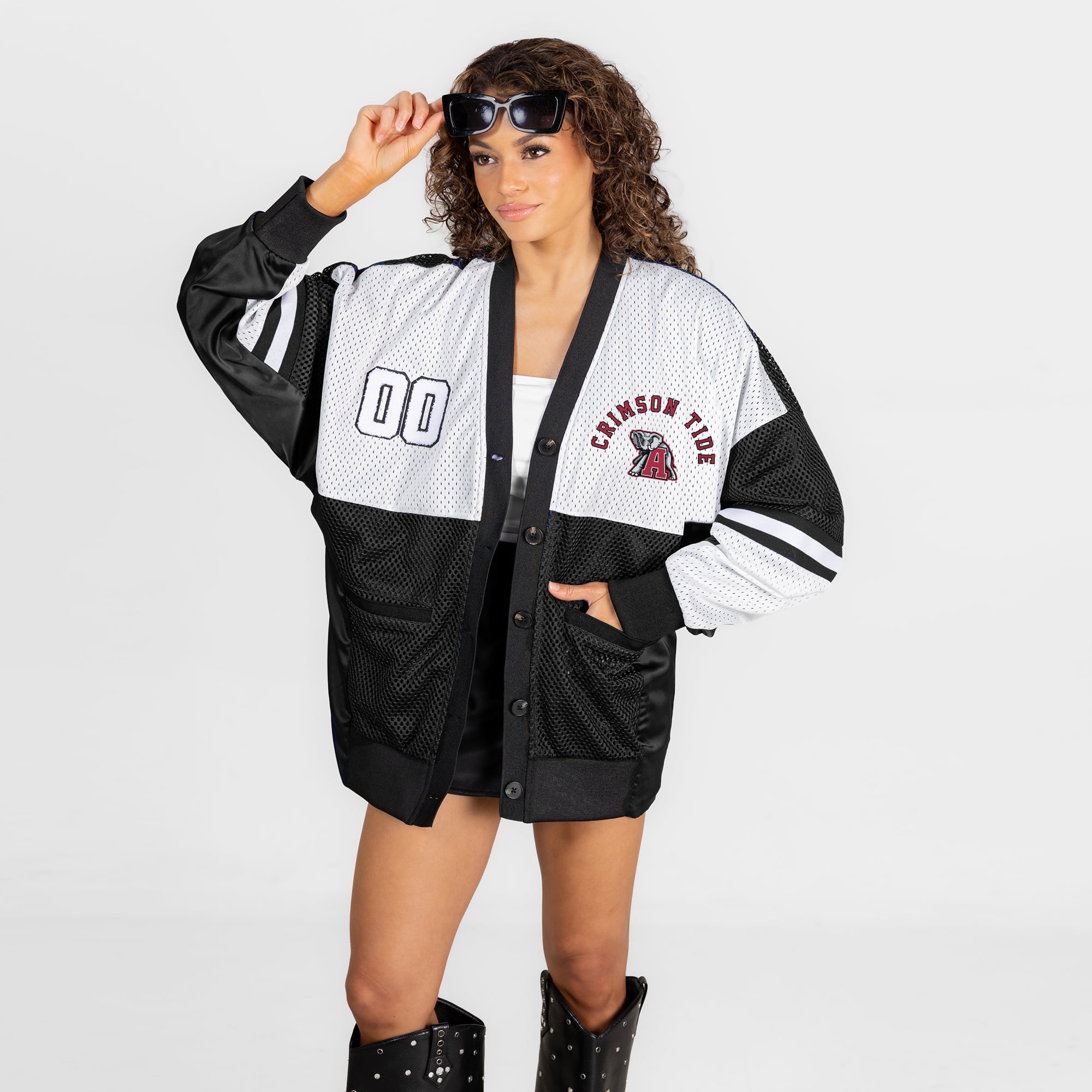 Alabama Women's Gameday Couture MVP Era Satin Button-Down Cardigan - Black/White