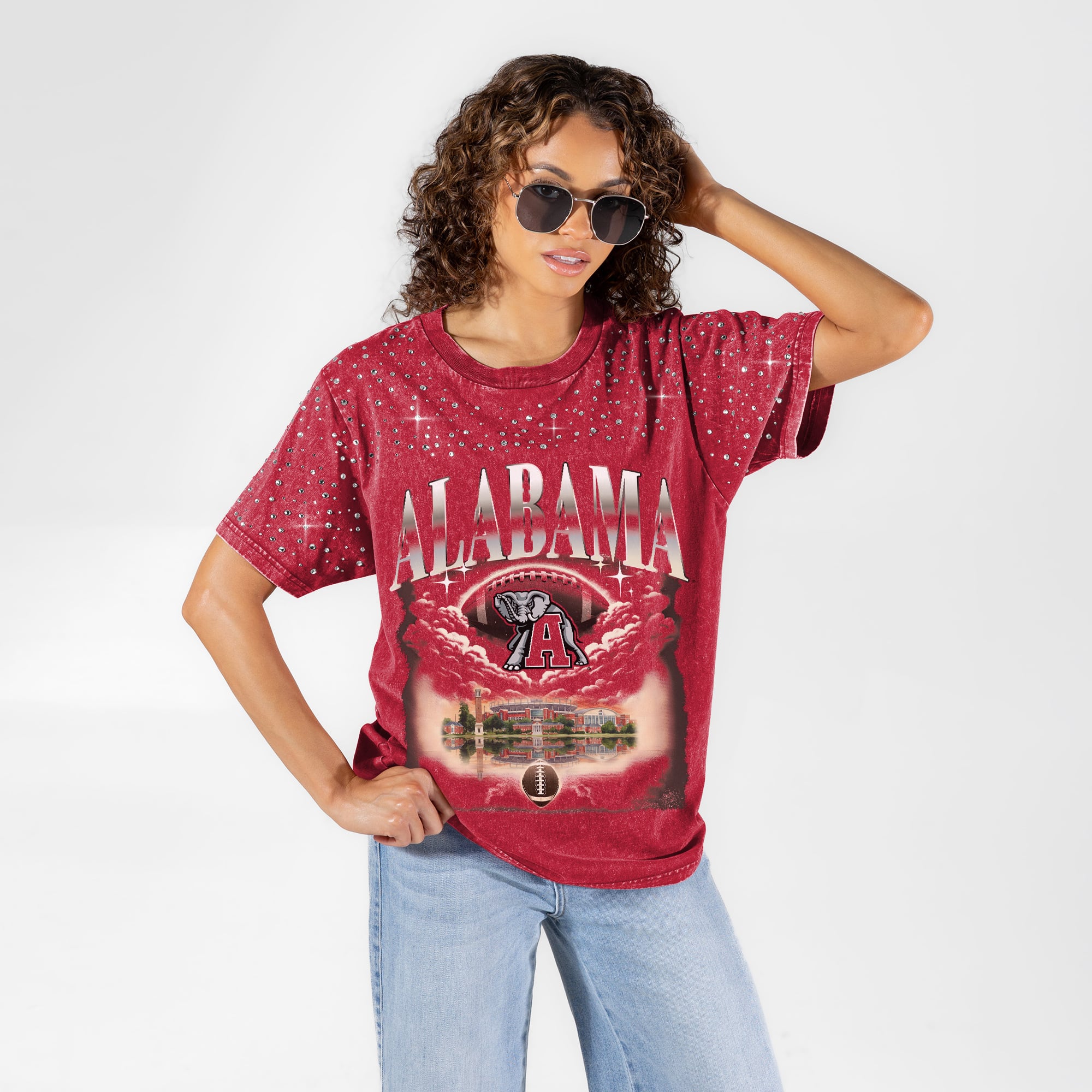 Alabama Women's Gameday Couture Sky's the Limit Washed Micro Rhinestone T-Shirt - Crimson