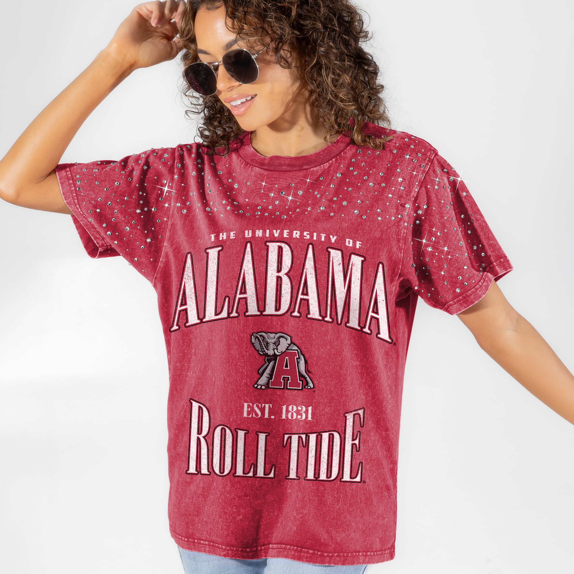 Alabama Women's Gameday Couture Sparkle and Score Washed Micro Rhinestone T-Shirt - Crimson