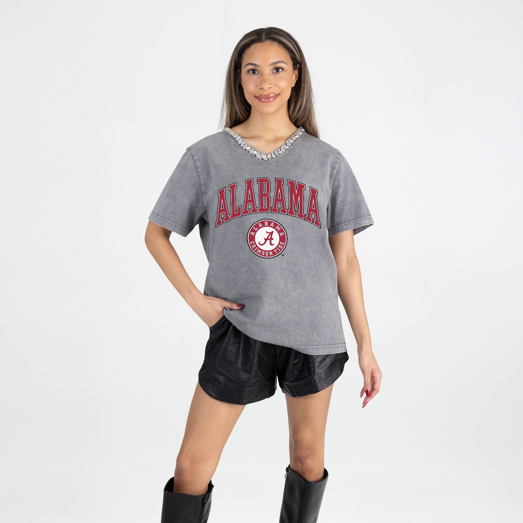 Alabama Women's Gameday Couture Iconic Edge Rhinestone V-Neck T-Shirt - Gray