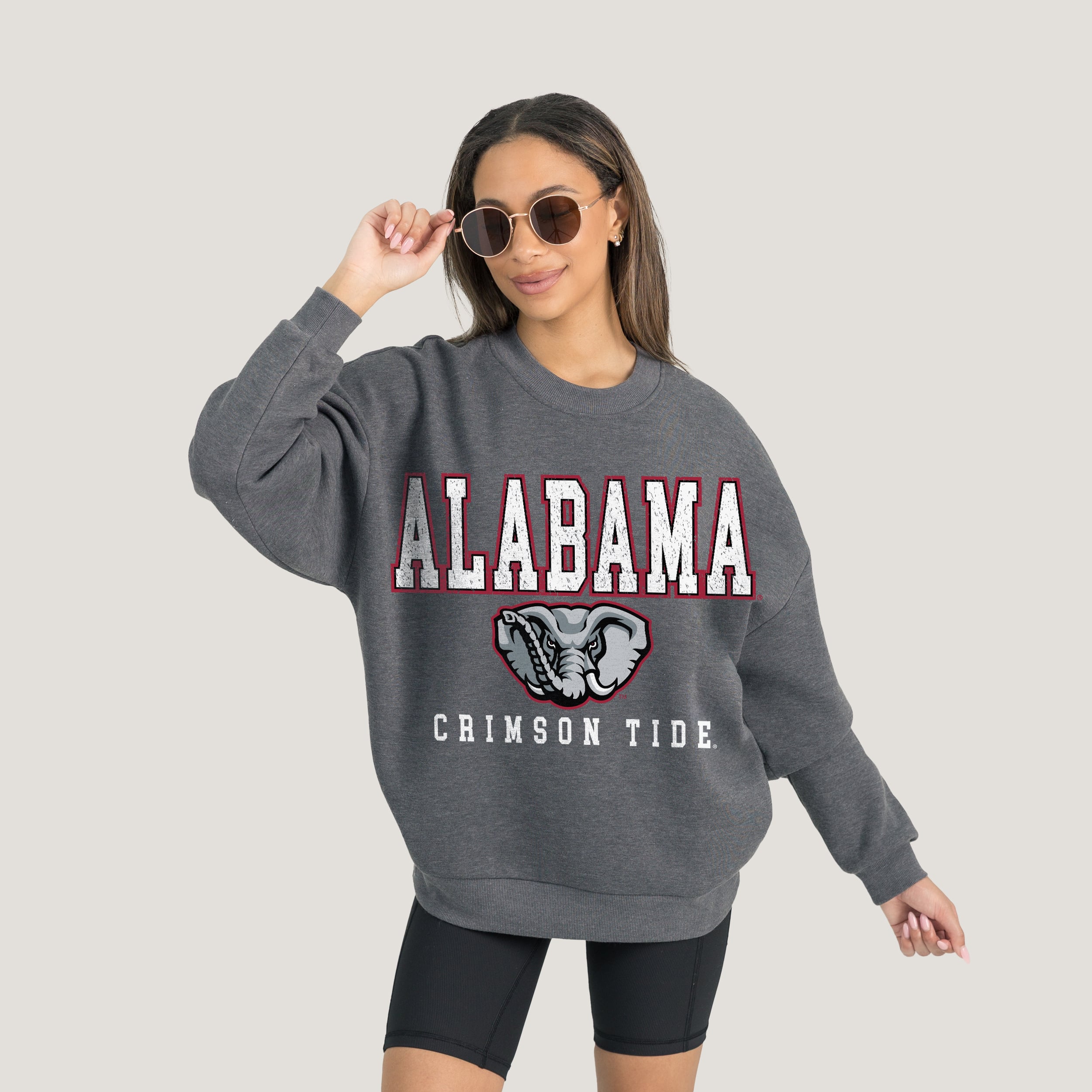 Alabama Women's Gameday Couture Oversized Distressed Fleece Pullover Sweatshirt - Heather Charcoal