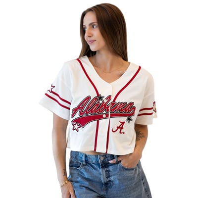 Alabama Crimson Tide Gameday Social Women's Cropped Patch Baseball Fashion Jersey - Off White