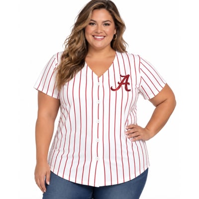 Alabama Crimson Tide Profile Women's Plus Size Stripe Glitter Button-Up Fashion Jersey Top - White/Crimson