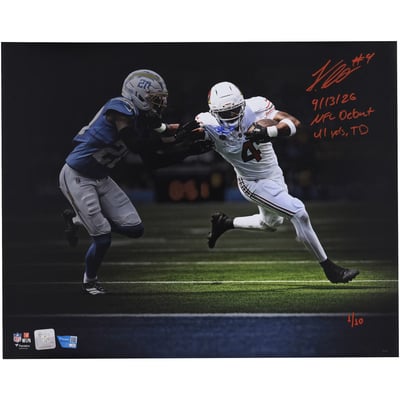 Jeremiyah Love Arizona Cardinals Autographed Fanatics Authentic 16" x 20" NFL Debut Stiff Arm Touchdown Spotlight Photograph with Multiple Inscriptions - Limited Edition #1/10