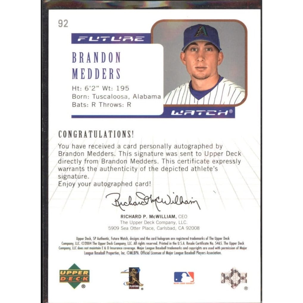 2004 SP Authentic Future Watch Autograph #92 Brandon Medders FW