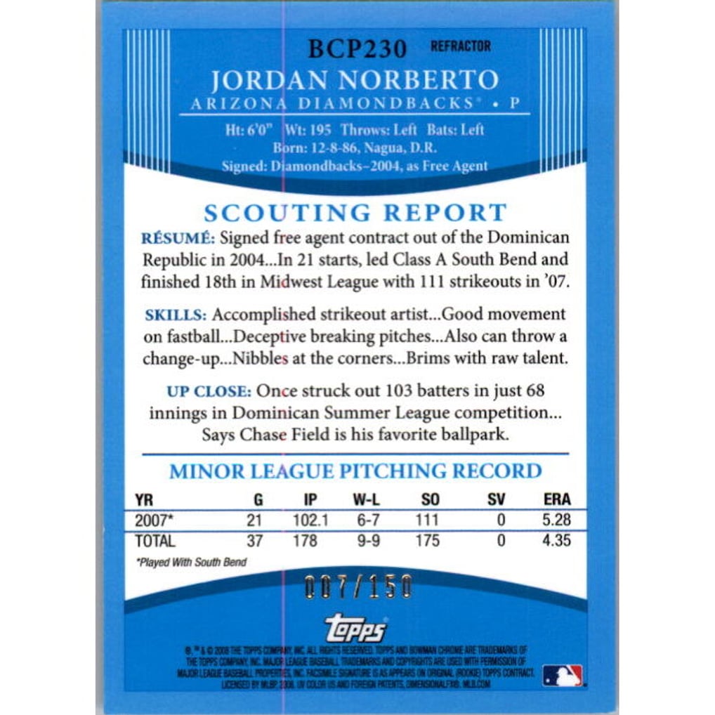 2008 Bowman Chrome Prospects Blue Refractors #BCP230 Jordan Norberto