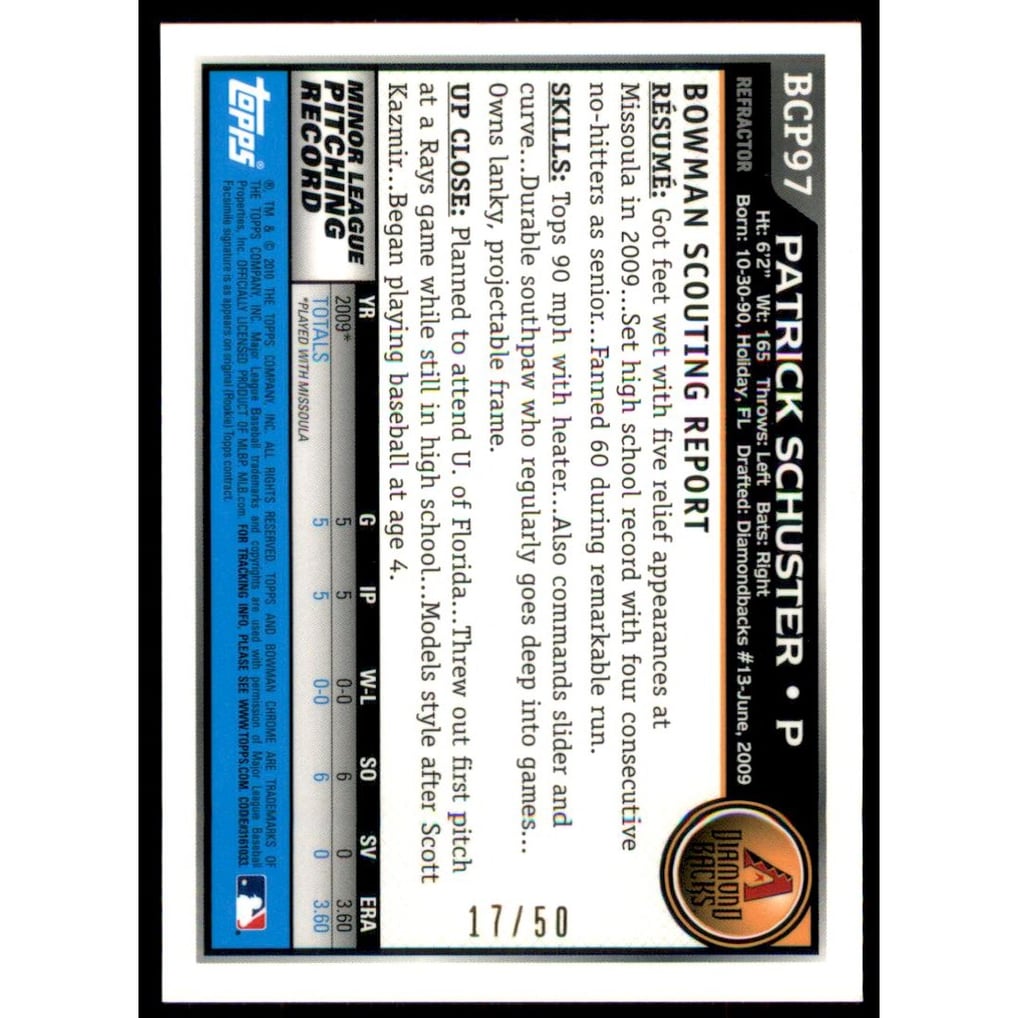 2010 Bowman Chrome Prospects Gold Refractors #BCP97A Patrick Schuster