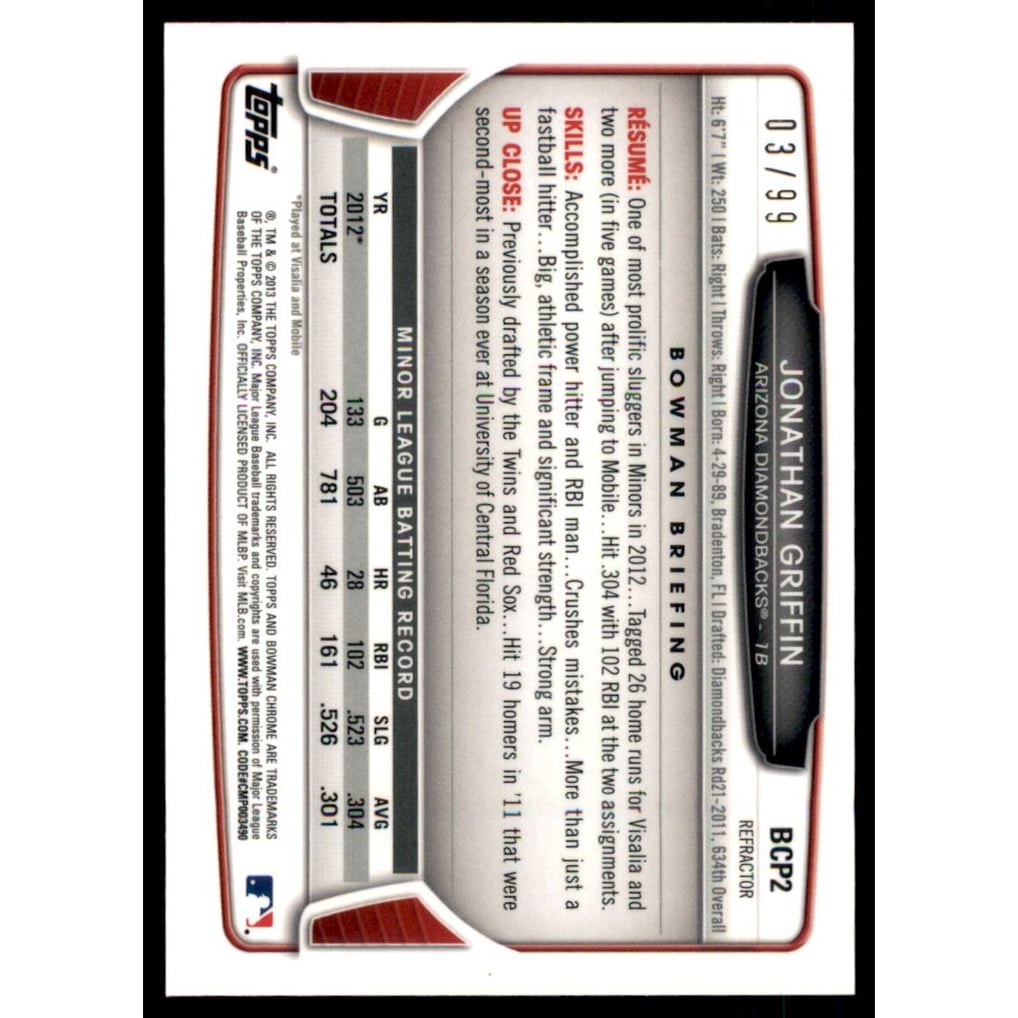 2013 Bowman Chrome Prospects Black Refractors #BCP2 Jonathan Griffin