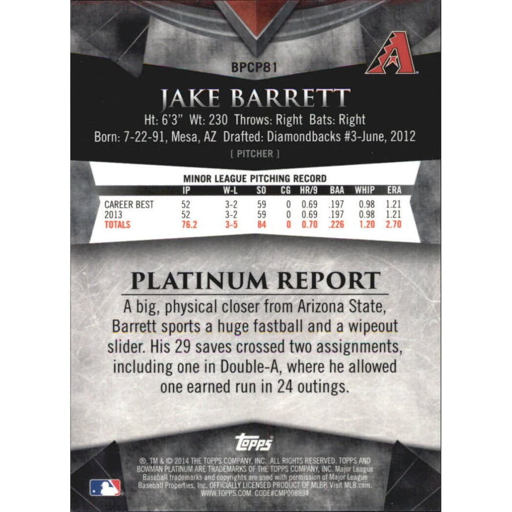 2014 Bowman Platinum Chrome Prospects Gold Refractors #BPCP81 Jake Barrett