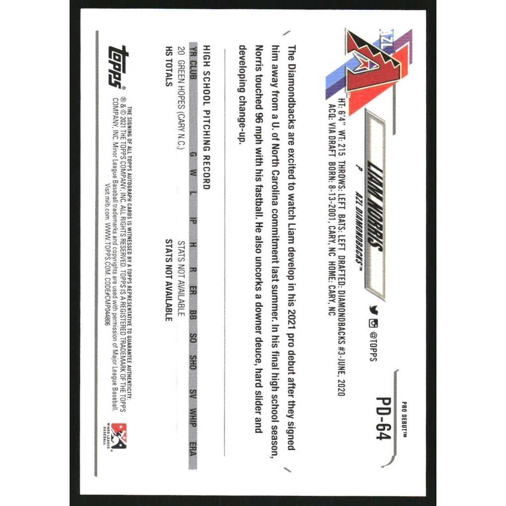 2021 Topps Pro Debut Autographs #PD64 Liam Norris