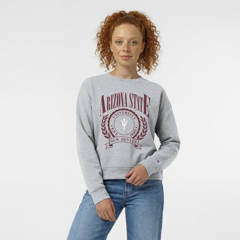  Arizona State Sun Devils Champion Women's Academic Crest Powerblend Crewneck Sweatshirt - Heather Gray