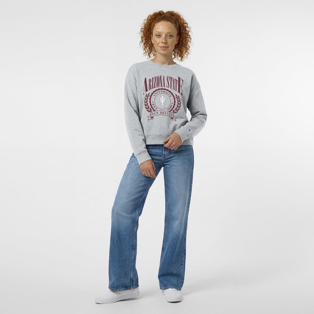 Arizona State Sun Devils Champion Women's Academic Crest Powerblend Crewneck Sweatshirt - Heather Gray