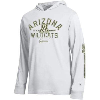  Arizona Wildcats Champion Operation Hat Trick Sleeve Line Hooded Long Sleeve T-Shirt - White