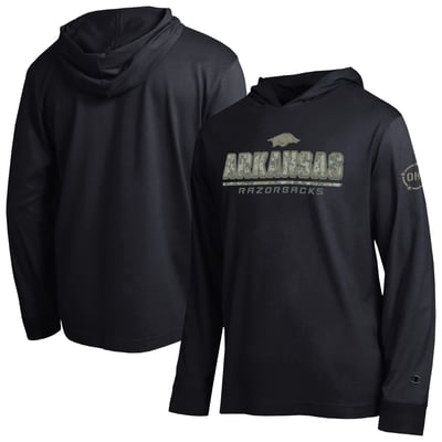  Arkansas Razorbacks Champion Operation Hat Trick Camo Script Hooded Long Sleeve T-Shirt - Black