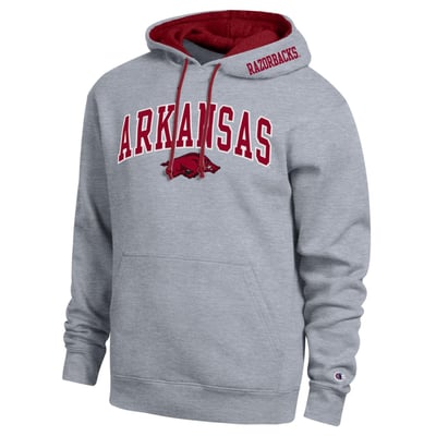  Arkansas Razorbacks Champion Arch Tackle Twill Hoodie - Heather Gray