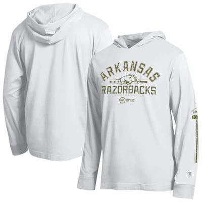  Arkansas Razorbacks Champion Operation Hat Trick Sleeve Line Hooded Long Sleeve T-Shirt - White