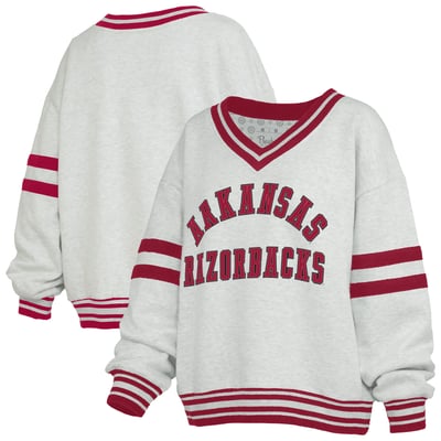 Arkansas Razorbacks Pressbox Women's Tackle Twill Oates V-Neck Sweatshirt - Heather Gray/Cardinal