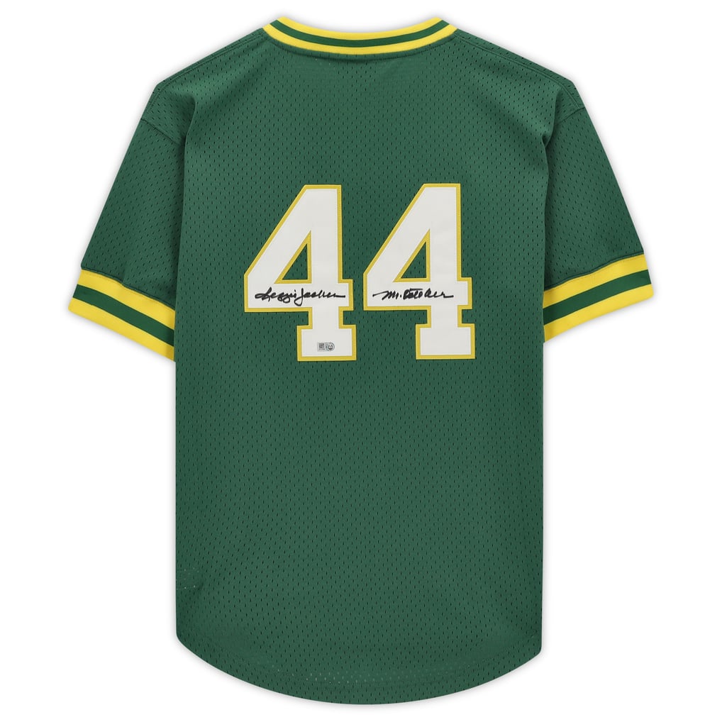 Reggie Jackson Athletics Fanatics Authentic Autographed Mitchell & Ness Replica Batting Practice Jersey with "Mr. October" Inscription - Green