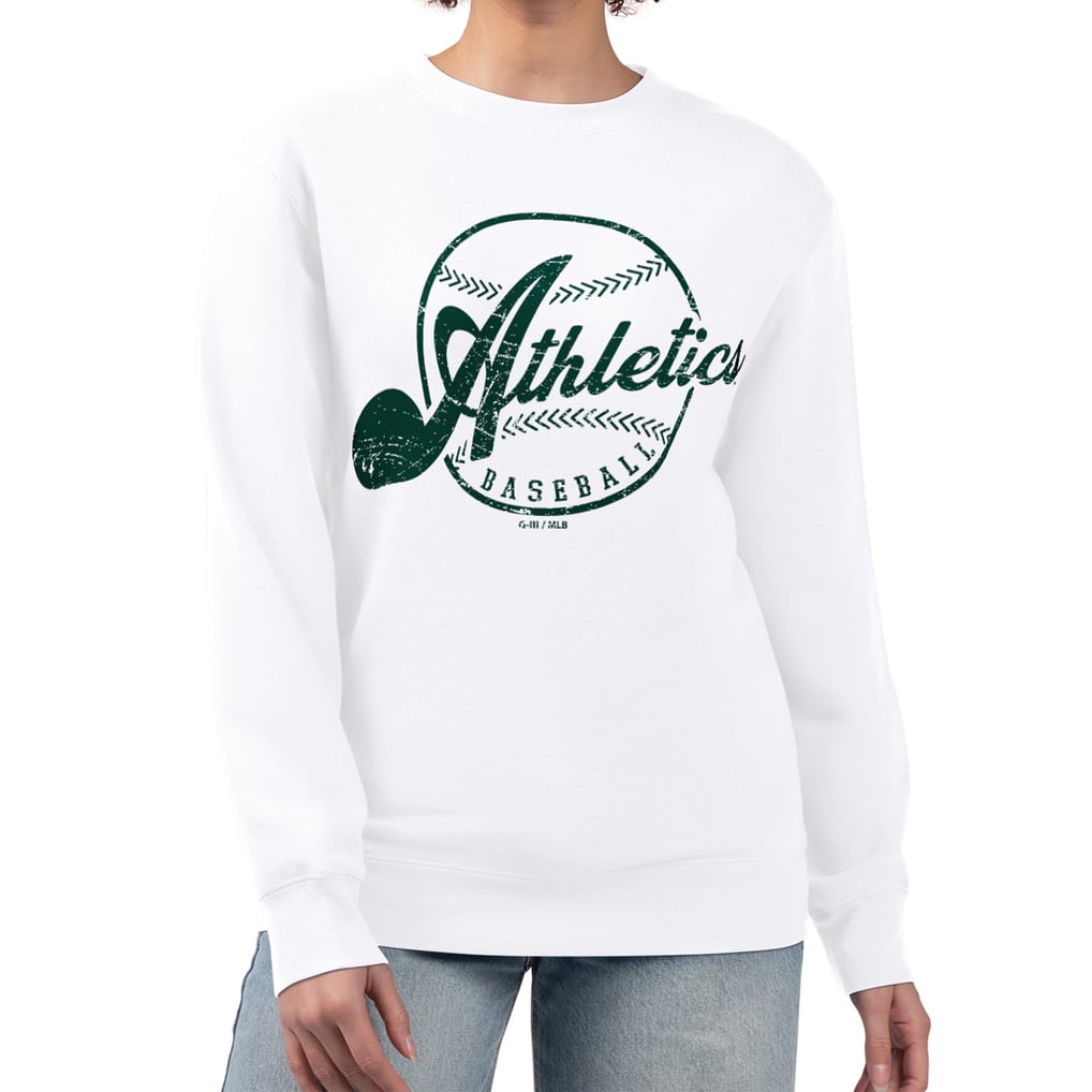 Athletics G-III 4Her by Carl Banks Women's Distressed Baseball Team Fleece Pullover Sweatshirt - White