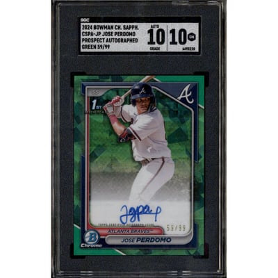 2024 Bowman Chrome Sapphire Prospect Auto Green Jose Perdomo RC /99 SGC 10