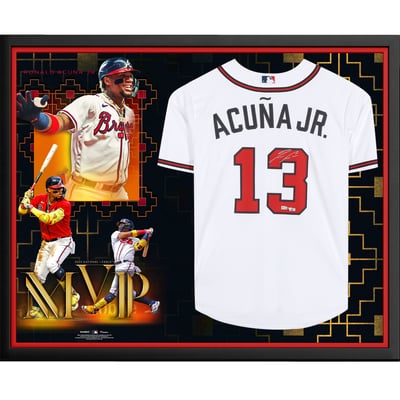 Ronald Acuña Jr. Atlanta Braves Autographed Fanatics Authentic Framed 2023 National League MVP White Nike Authentic Jersey Collage