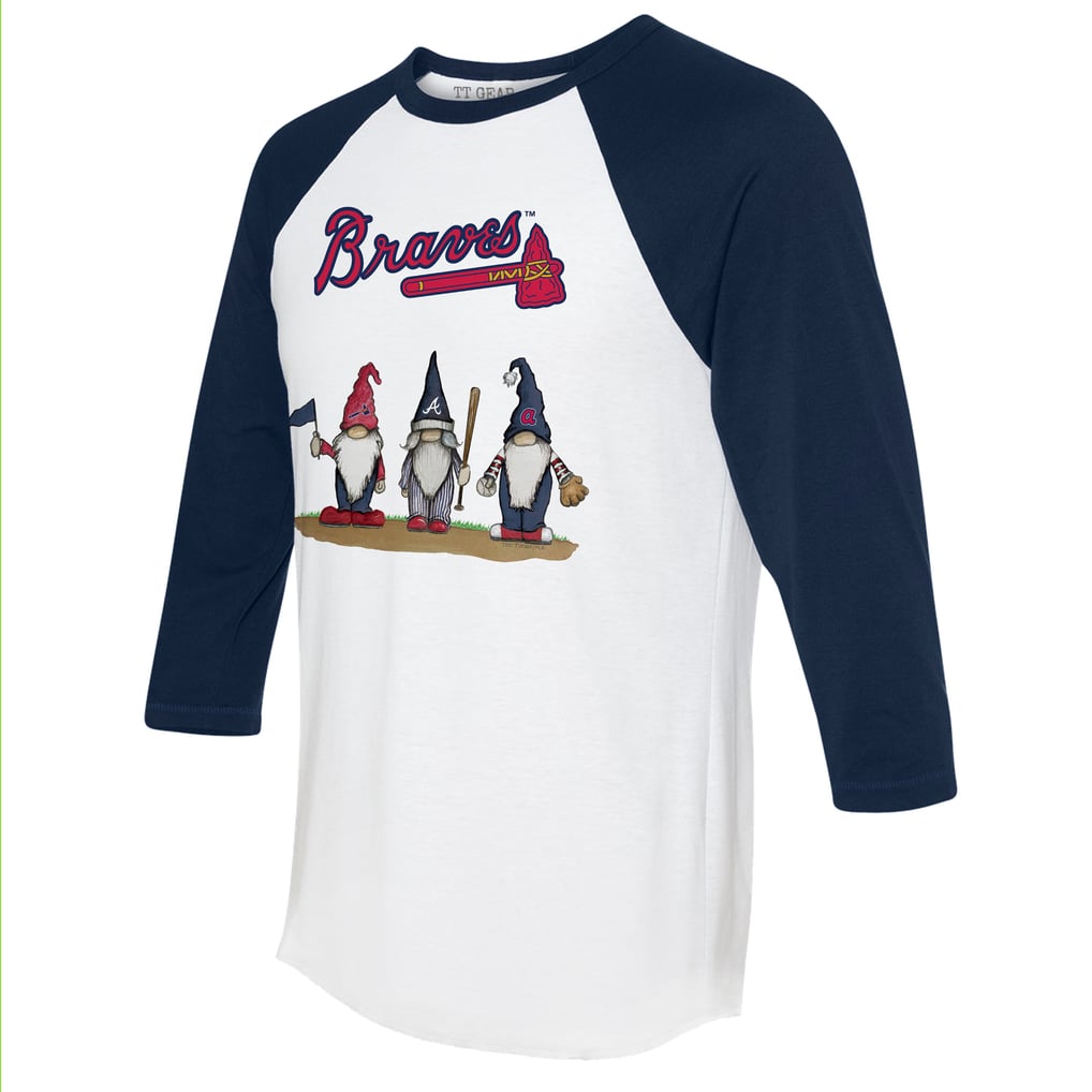 Braves Raglan Unisex Atlanta Braves Tiny Turnip White/Navy Gnomes 3/4-Sleeve Raglan T ...
