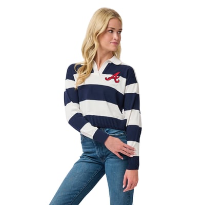 Atlanta Braves Lusso Women's Silvia Boxy Rugby V-Neck Sweater - Navy/Cream