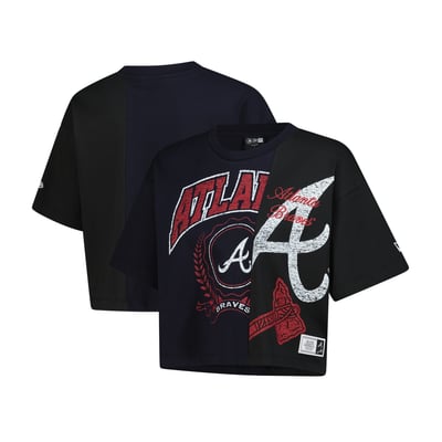 Atlanta Braves New Era Women's Upcycled Colorblocked Boxy Cropped T-Shirt - Navy