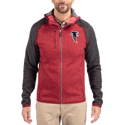  Atlanta Falcons Cutter & Buck Throwback Mainsail Sweater-Knit Full-Zip Hoodie - Heather Red/Heather Charcoal