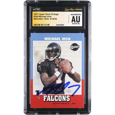 Michael Vick Atlanta Falcons Autographed 2001 Upper Deck Vintage #204 CGC Fanatics Witnessed Authenticated AUTO 10 Rookie Card