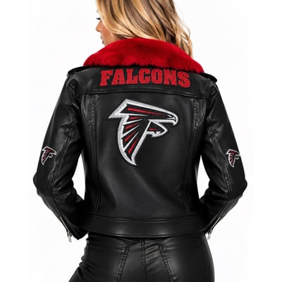 Atlanta Falcons FABGATING by Cuce Women's Vegan Leather Faux Fur Moto Full-Snap Jacket - Black/Red