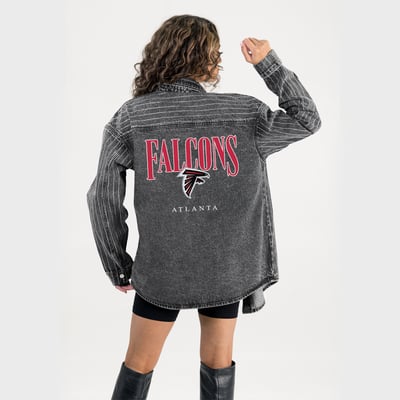  Atlanta Falcons Gameday Couture Women's End Zone Energy Rhinestone Washed Full-Snap Denim Overshirt - Black
