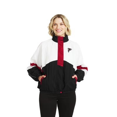  Atlanta Falcons WEAR by Erin Andrews Women's Crinkle Full-Zip Hooded Windbreaker Jacket - White/Black