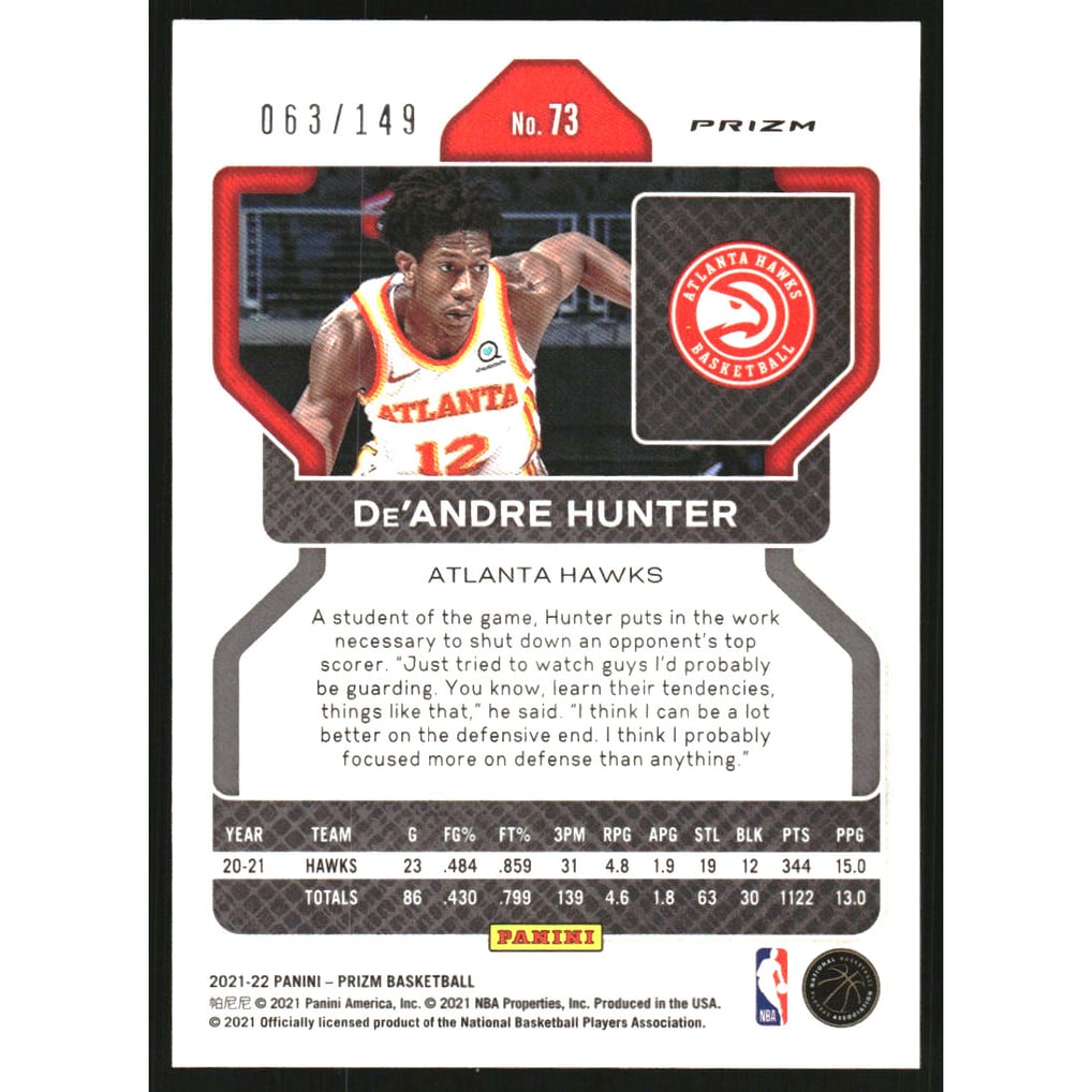2021-22 Panini Prizm Prizms Purple Ice #73 De'Andre Hunter