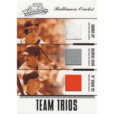 2004 Absolute Memorabilia Team Trio Material #TTR13 Cal Ripken/Jay Gibbons/Rafael Palmeiro