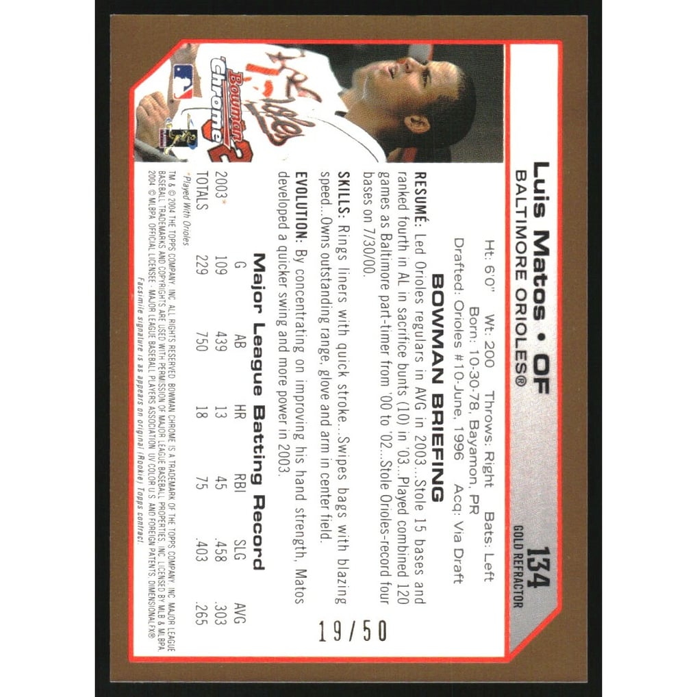 2004 Bowman Chrome Gold Refractors #134 Luis Matos