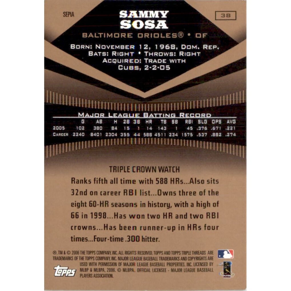 2006 Topps Triple Threads Sepia #38 Sammy Sosa