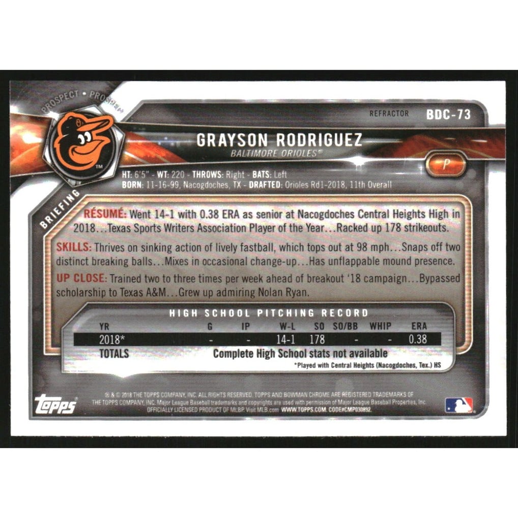 2018 Bowman Chrome Draft Refractors #BDC73 Grayson Rodriguez