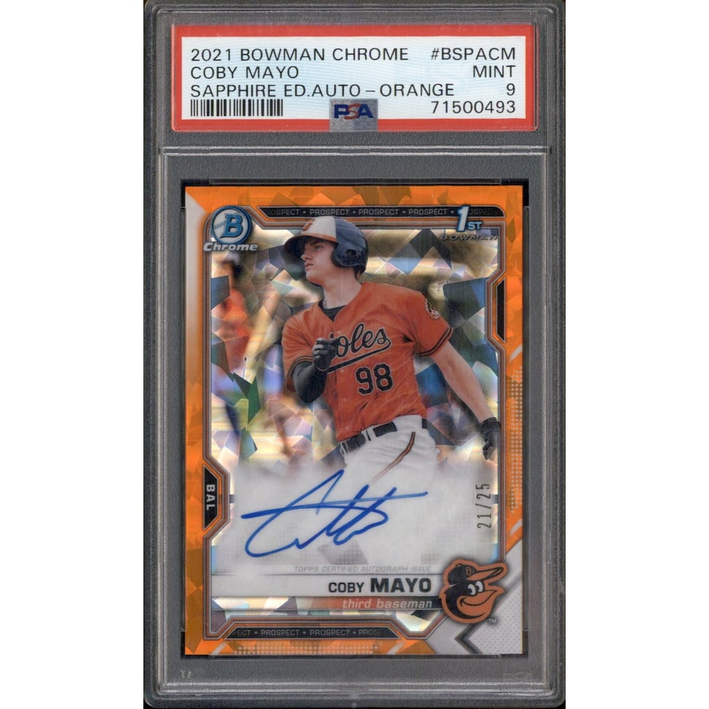 2021 Bowman Sapphire Autographs Orange Refractor Coby Mayo Auto /25 PSA 9
