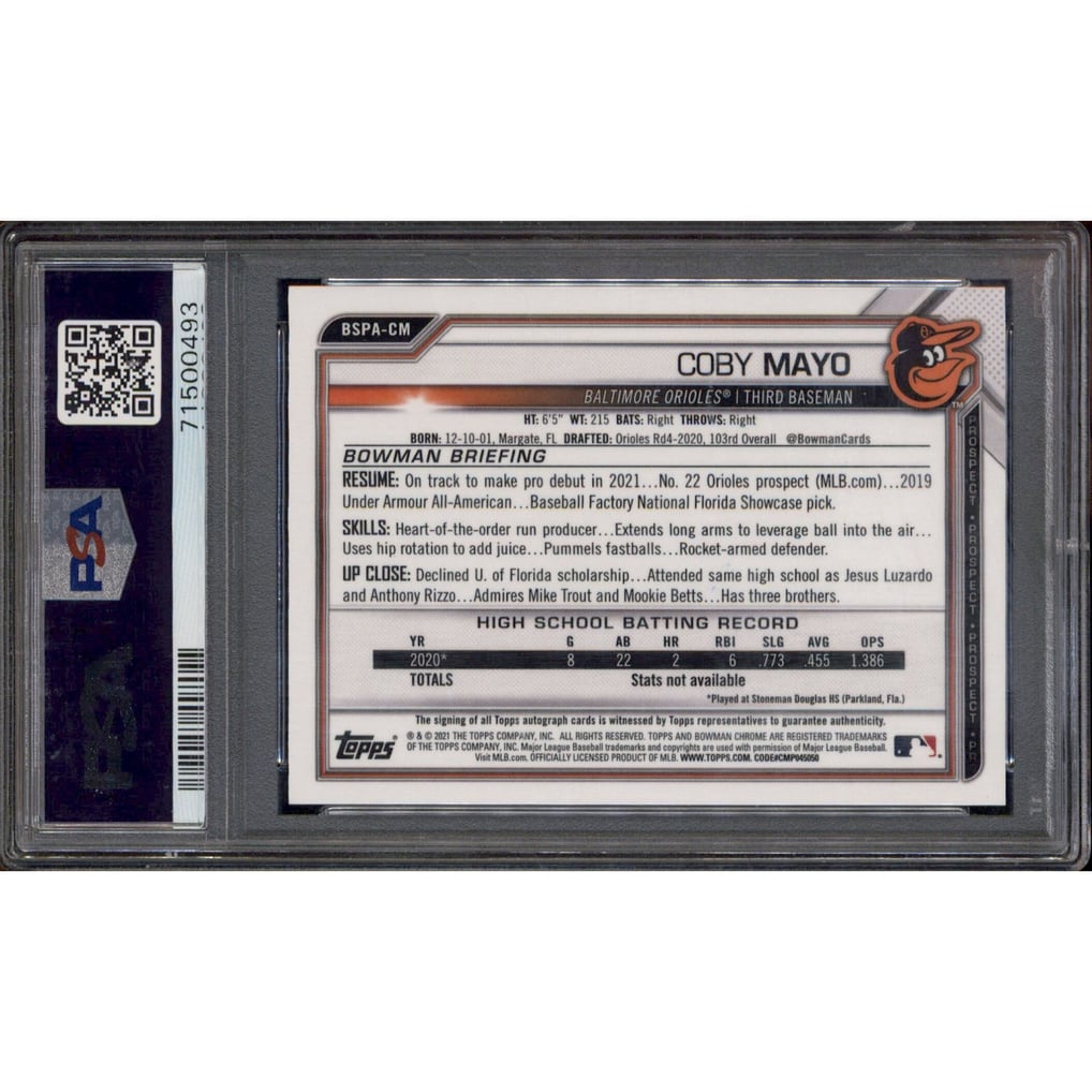 2021 Bowman Sapphire Autographs Orange Refractor Coby Mayo Auto /25 PSA 9