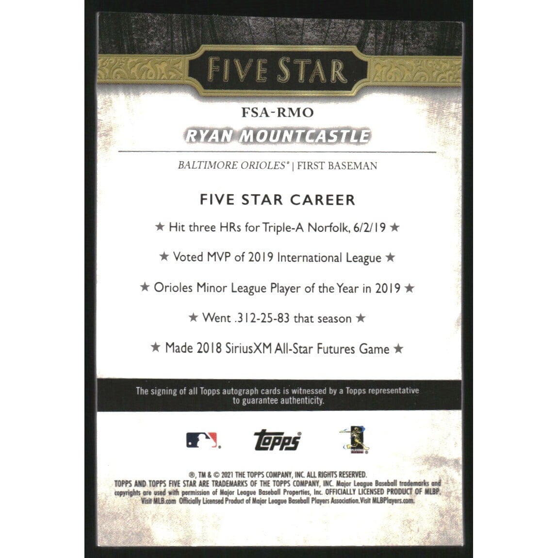 Topps 2021 FIVE STAR ライアン・マウントキャッスル ルーキー直筆サインカード　Ryan Moutcastle auto 0 Topps Five