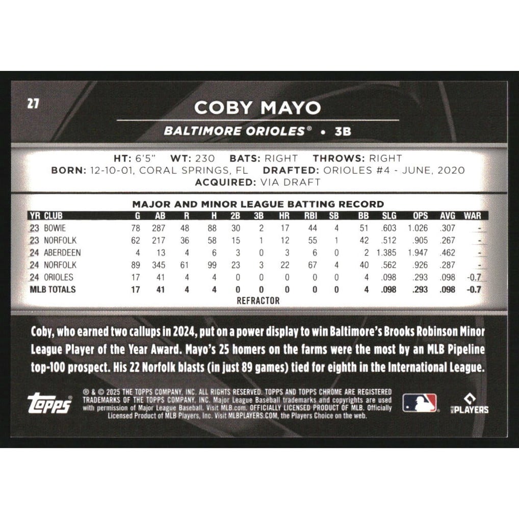 2025 Topps Chrome Black Refractors Parallel #27 Coby Mayo