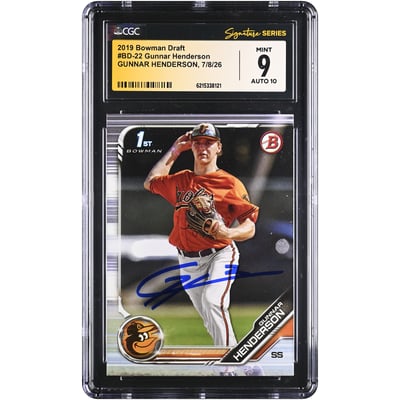 Gunnar Henderson Baltimore Orioles Autographed 2019 Bowman Draft #BD-22 CGC Fanatics Witnessed Authenticated 9/10 Card