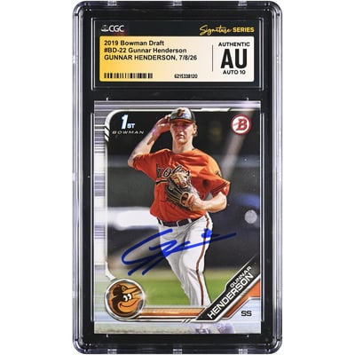 Gunnar Henderson Baltimore Orioles Autographed 2019 Bowman Draft #BD-22 CGC Fanatics Witnessed Authenticated AUTO 10 Card
