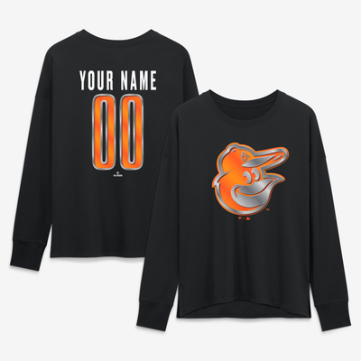 Baltimore Orioles Women's Forged Mascot Personalized Name & Number Long Sleeve T-Shirt - Black