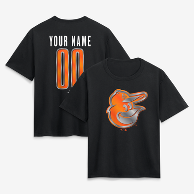 Baltimore Orioles Women's Forged Mascot Personalized Name & Number T-Shirt - Black